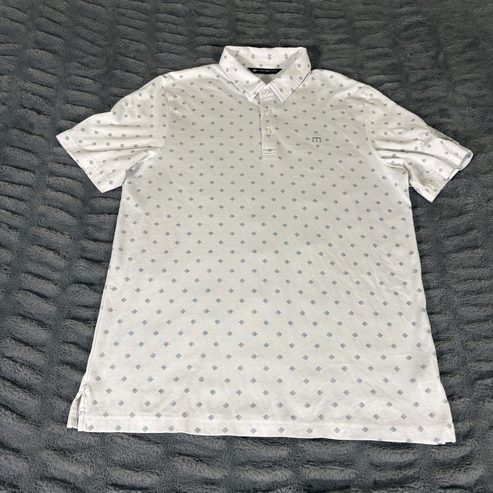 TravisMathew Mens Large White Blue Geometric Diamond Print Golf Polo Shirt AR771